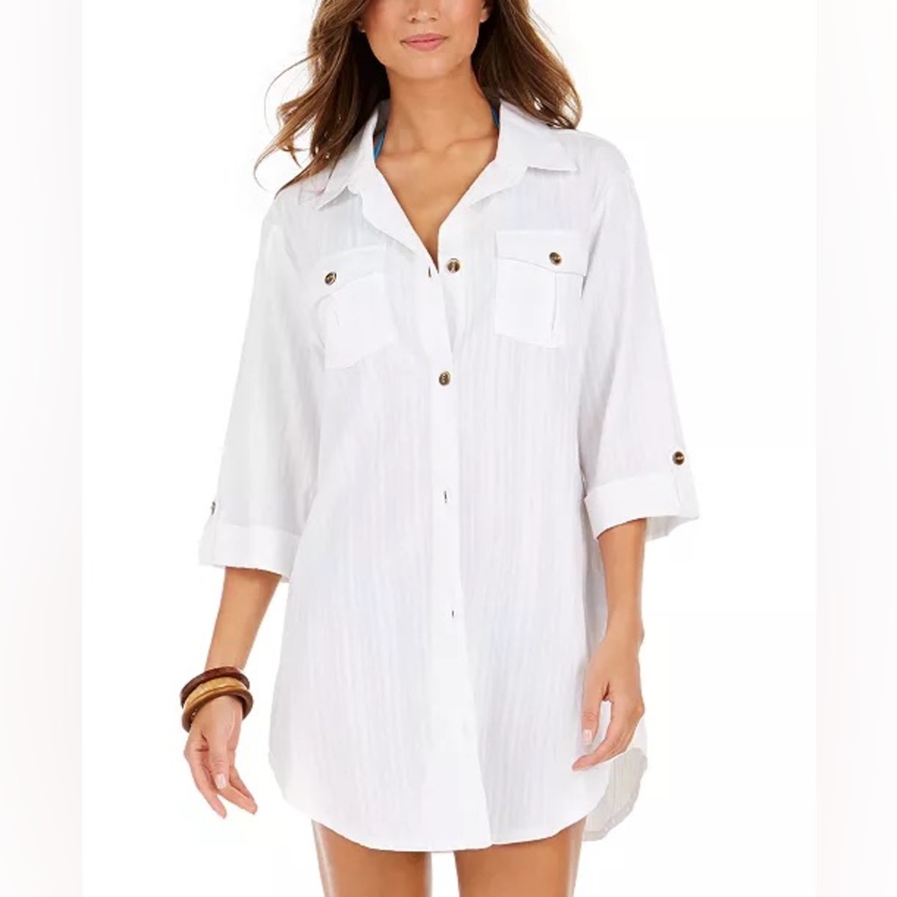 Dotti Travel Muse White Cotton Button-up Shirtdress Beach Cover-Up Medium